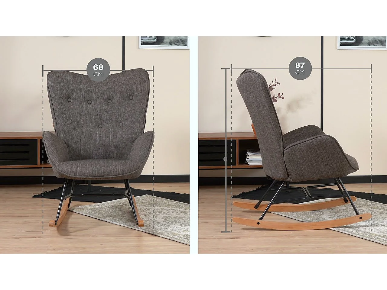 MEUBLES COSY Fauteuil à bascule allaitement rocking chair scandinave en tissu, chaise de loisir avec pieds en bois massif, Gris foncé