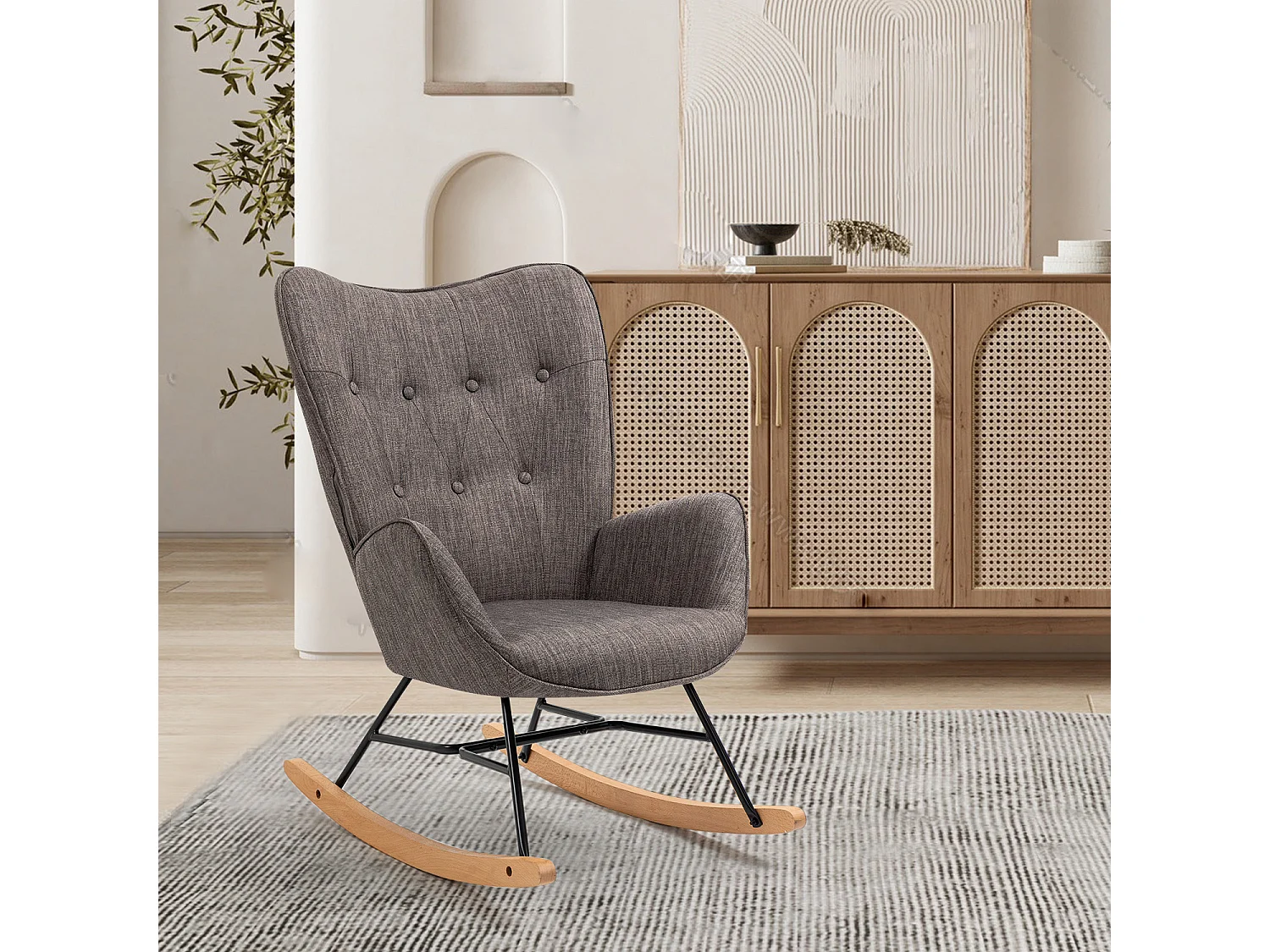 MEUBLES COSY Fauteuil à bascule allaitement rocking chair scandinave en tissu, chaise de loisir avec pieds en bois massif, Gris foncé