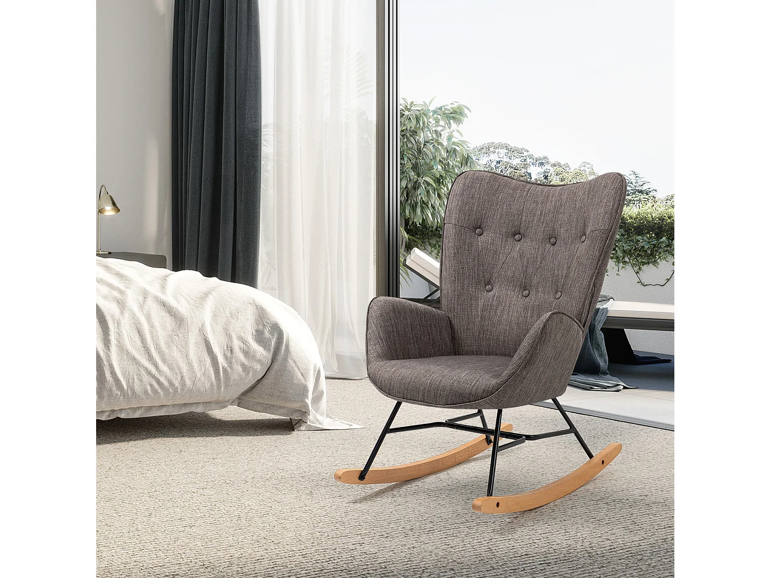 MEUBLES COSY Fauteuil à bascule allaitement rocking chair scandinave en tissu, chaise de loisir avec pieds en bois massif, Gris foncé