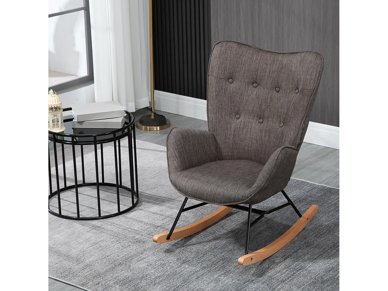 MEUBLES COSY Fauteuil à bascule allaitement rocking chair scandinave en tissu, chaise de loisir avec pieds en bois massif, Gris foncé