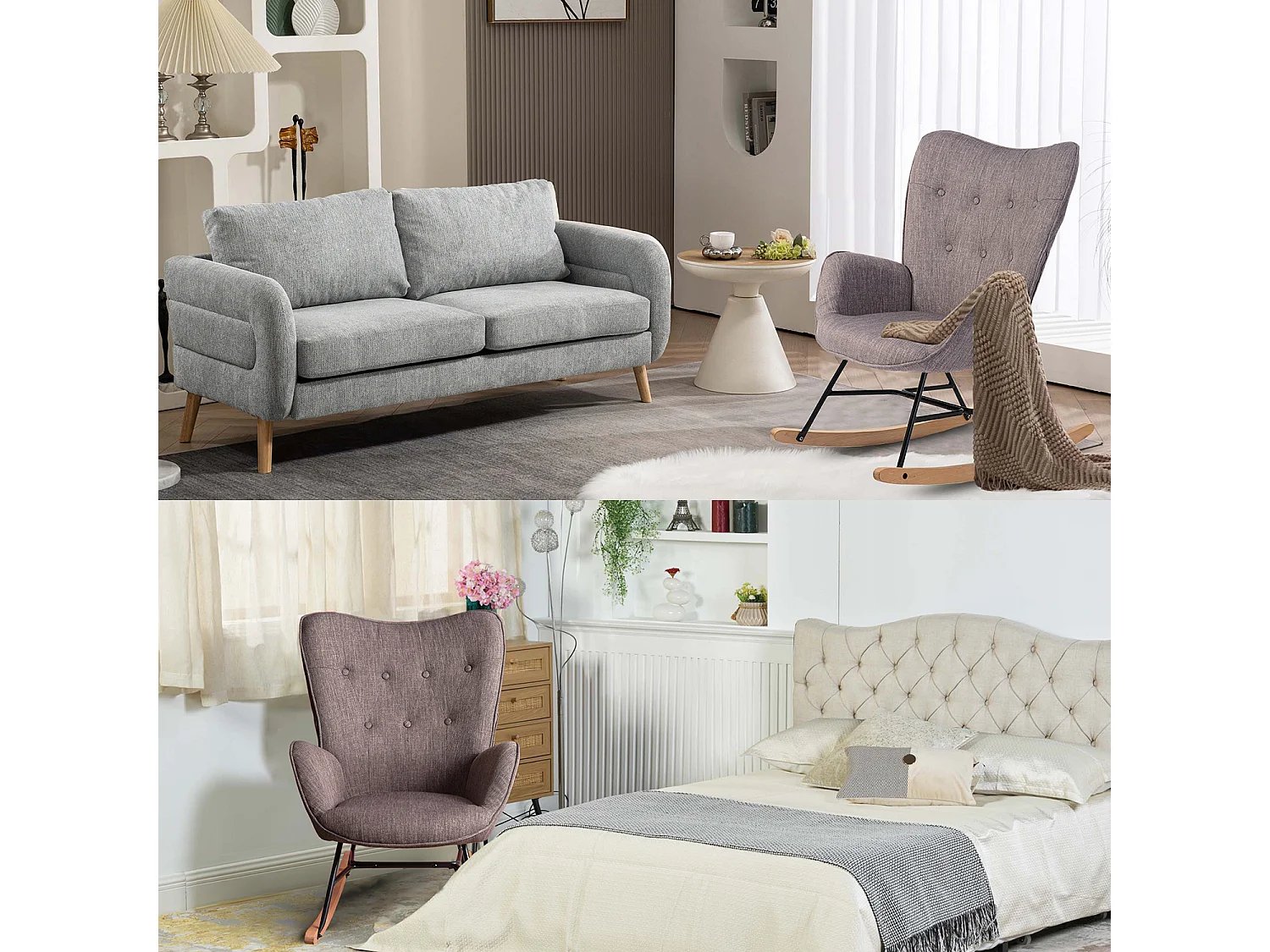 MEUBLES COSY Fauteuil à bascule allaitement rocking chair scandinave en tissu, chaise de loisir avec pieds en bois massif, Gris foncé