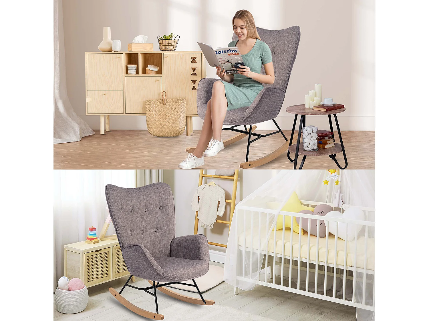 MEUBLES COSY Fauteuil à bascule allaitement rocking chair scandinave en tissu, chaise de loisir avec pieds en bois massif, Gris foncé