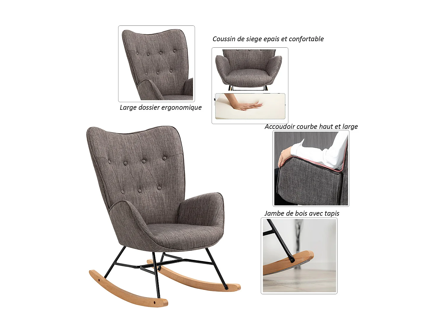 MEUBLES COSY Fauteuil à bascule allaitement rocking chair scandinave en tissu, chaise de loisir avec pieds en bois massif, Gris foncé