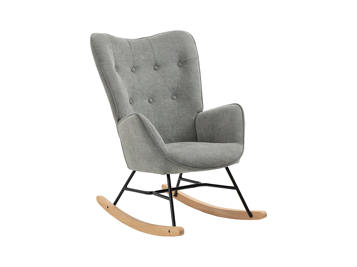 Fauteuil à Bascule Allaitement Scandinave Chaise Loisir et Repos en Tissu avec Pieds en E' Bois Métal pour Salon, Chambre, Massif, Gris Clair
