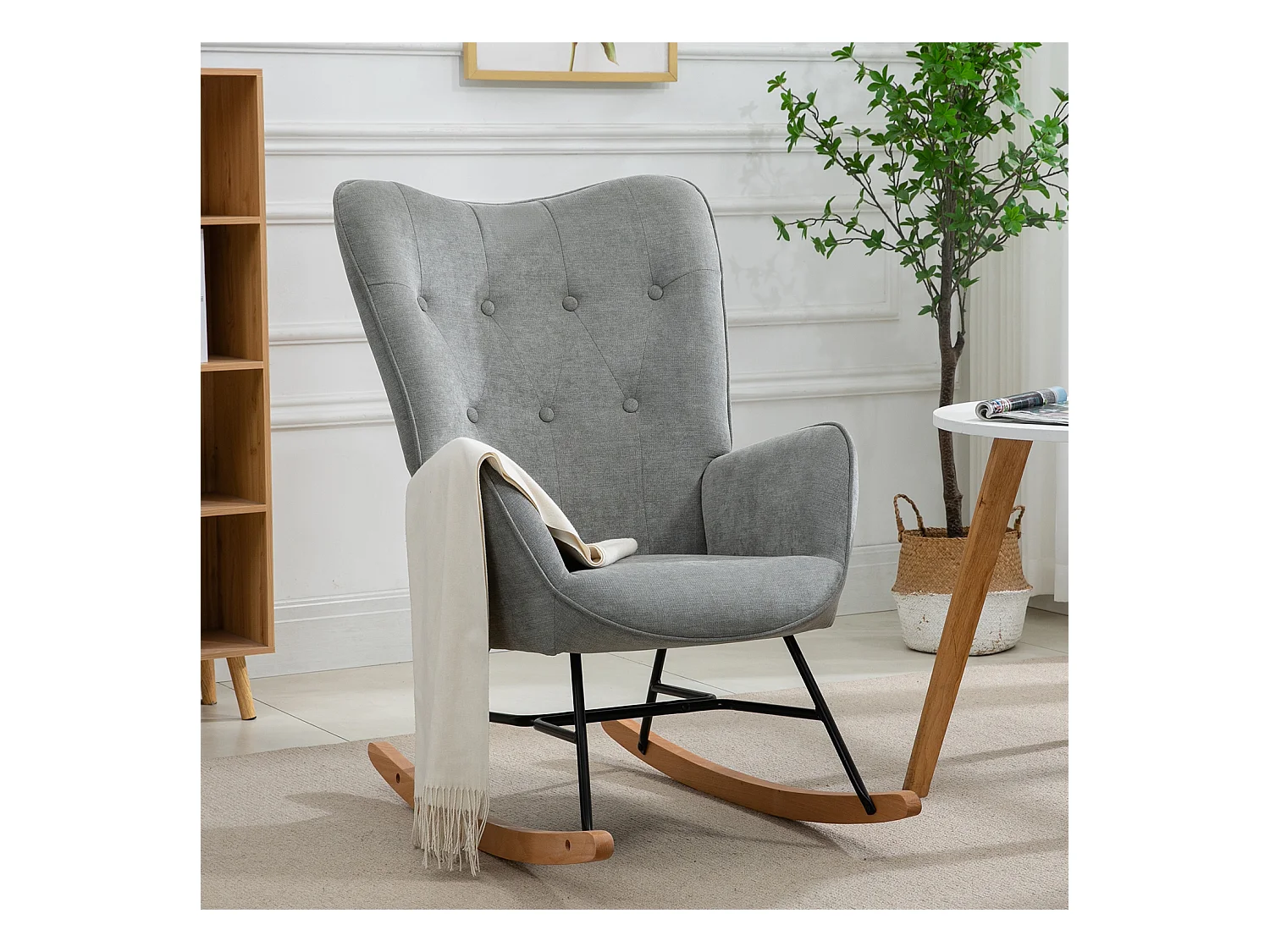 Fauteuil à Bascule Allaitement Scandinave Chaise Loisir et Repos en Tissu avec Pieds en E' Bois Métal pour Salon, Chambre, Massif, Gris Clair