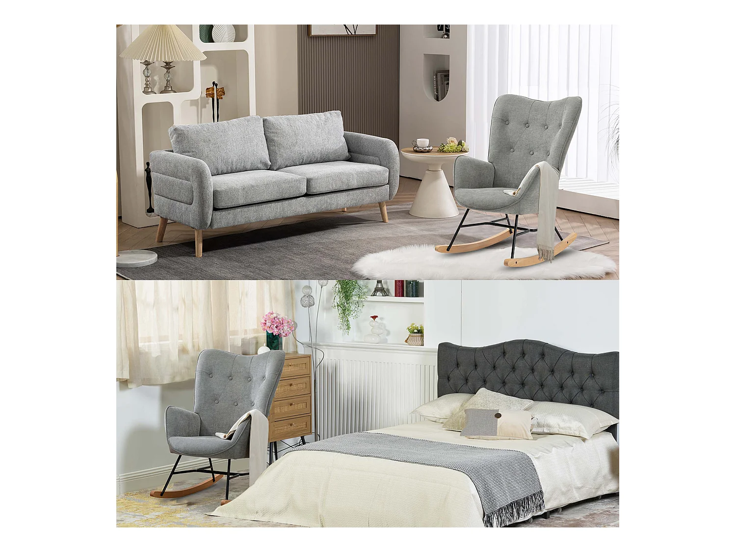 Fauteuil à Bascule Allaitement Scandinave Chaise Loisir et Repos en Tissu avec Pieds en E' Bois Métal pour Salon, Chambre, Massif, Gris Clair