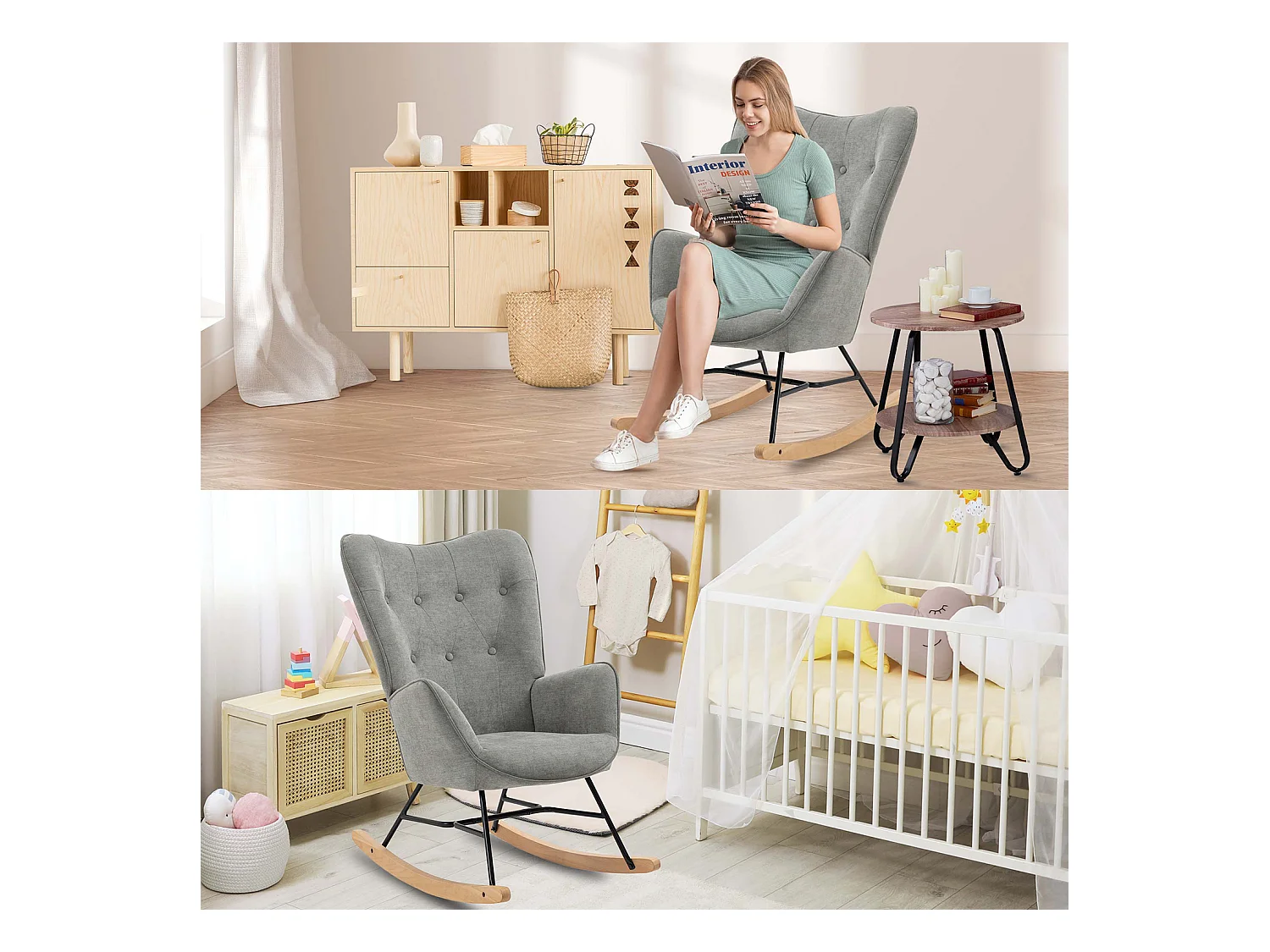 Fauteuil à Bascule Allaitement Scandinave Chaise Loisir et Repos en Tissu avec Pieds en E' Bois Métal pour Salon, Chambre, Massif, Gris Clair