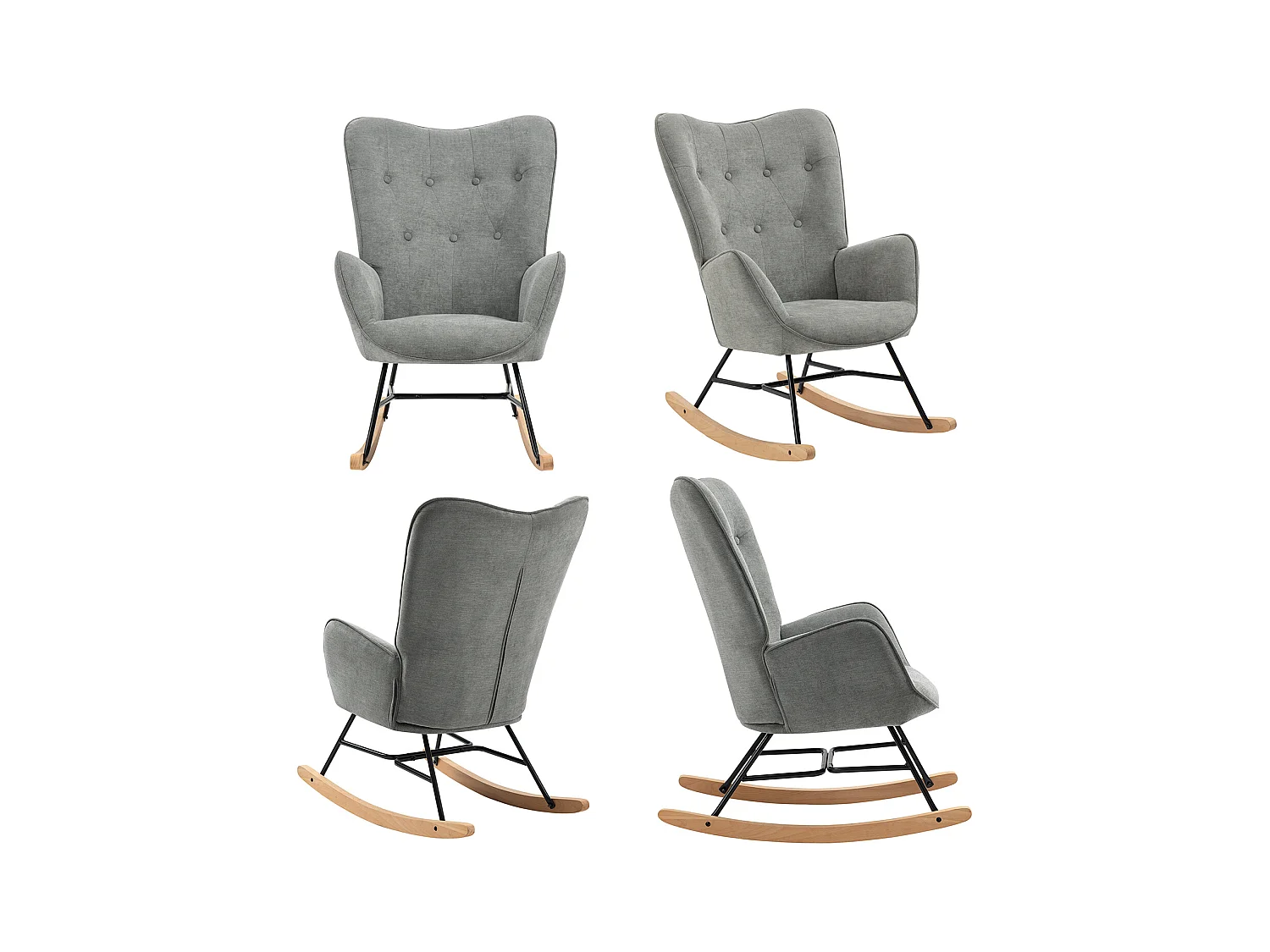 Fauteuil à Bascule Allaitement Scandinave Chaise Loisir et Repos en Tissu avec Pieds en E' Bois Métal pour Salon, Chambre, Massif, Gris Clair