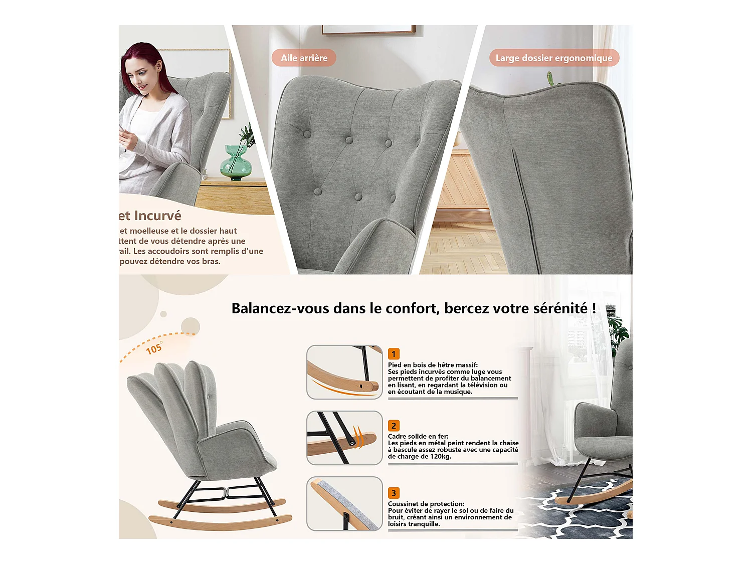 Fauteuil à Bascule Allaitement Scandinave Chaise Loisir et Repos en Tissu avec Pieds en E' Bois Métal pour Salon, Chambre, Massif, Gris Clair