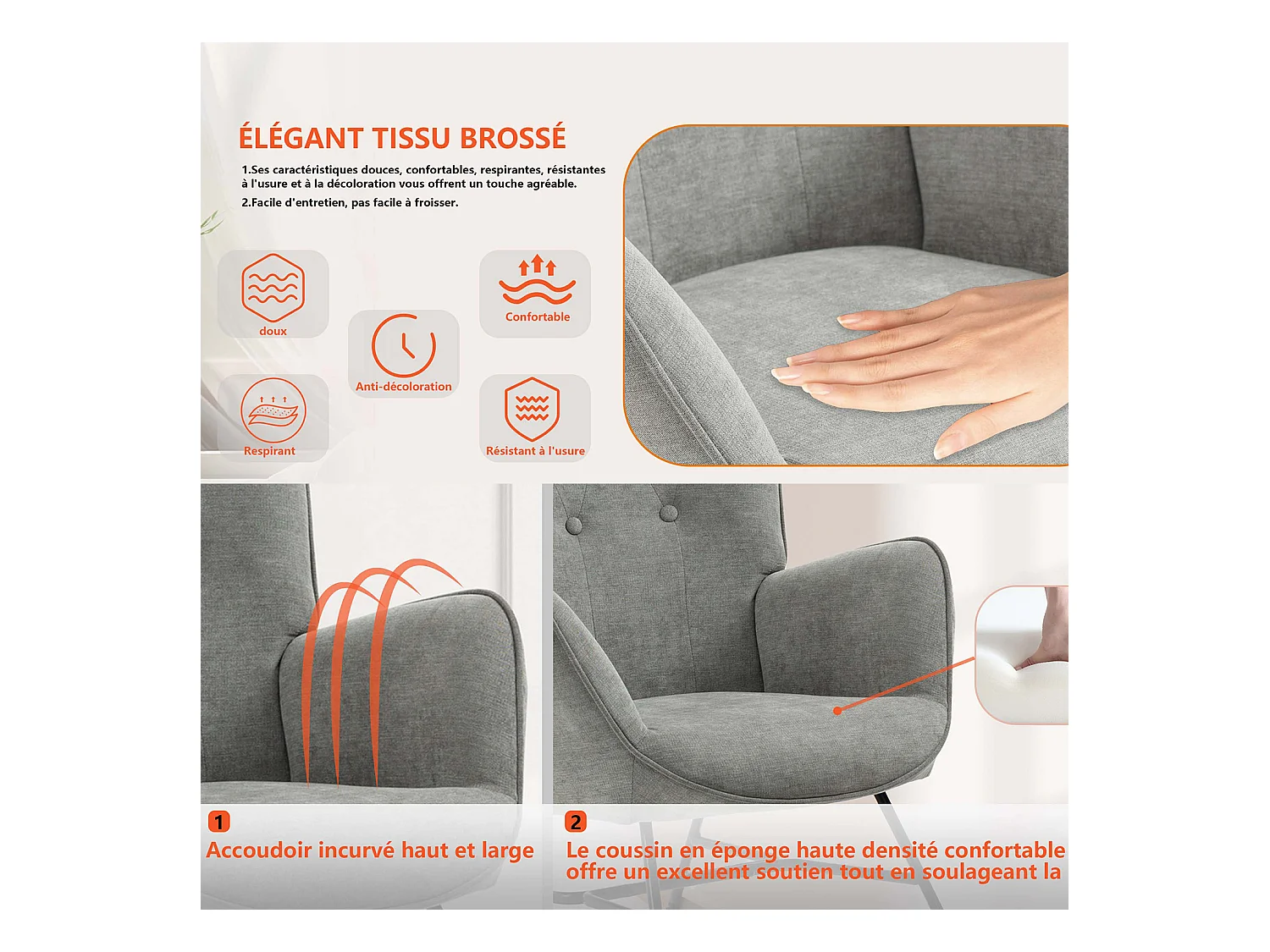 Fauteuil à Bascule Allaitement Scandinave Chaise Loisir et Repos en Tissu avec Pieds en E' Bois Métal pour Salon, Chambre, Massif, Gris Clair