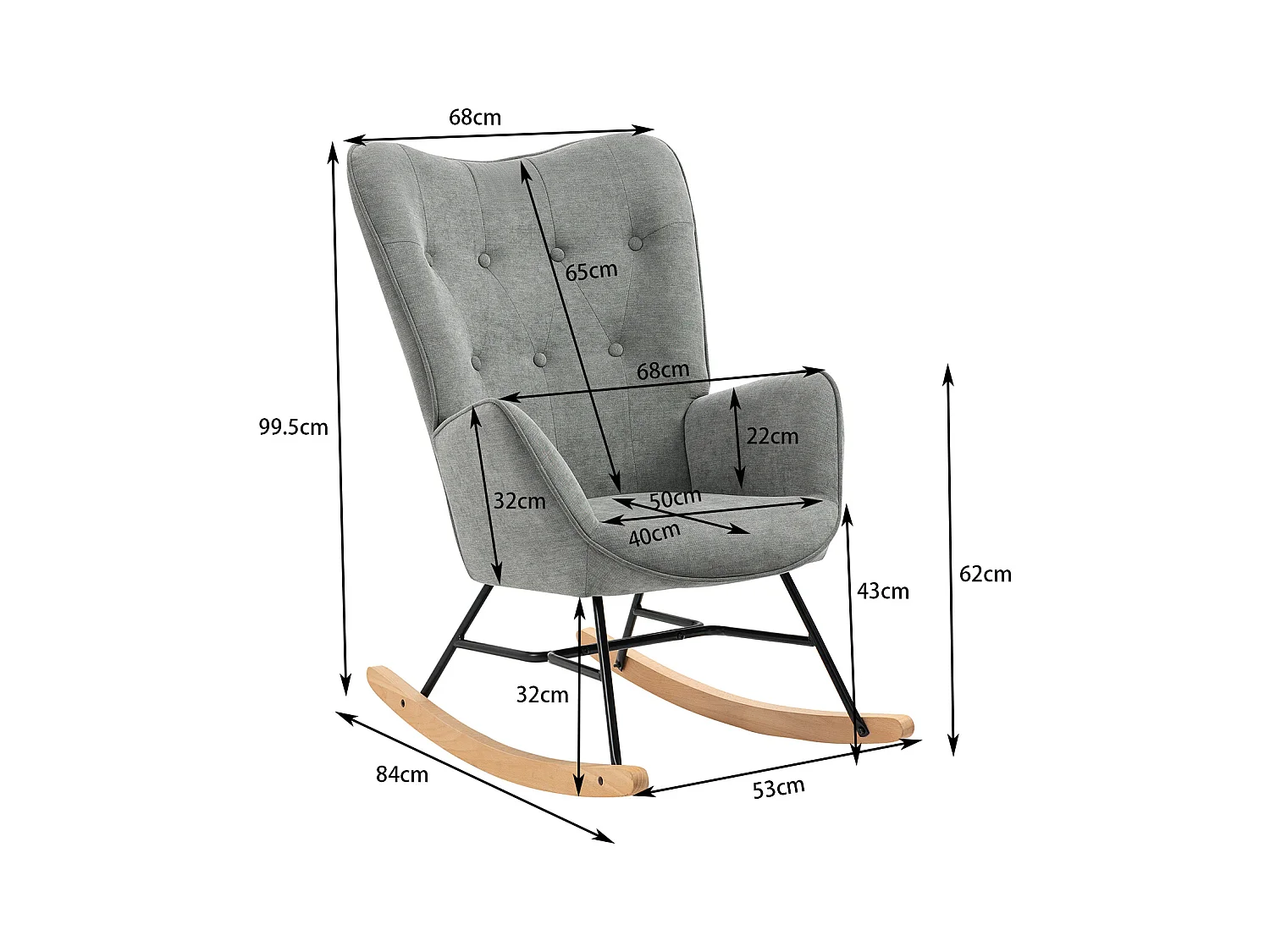 Fauteuil à Bascule Allaitement Scandinave Chaise Loisir et Repos en Tissu avec Pieds en E' Bois Métal pour Salon, Chambre, Massif, Gris Clair