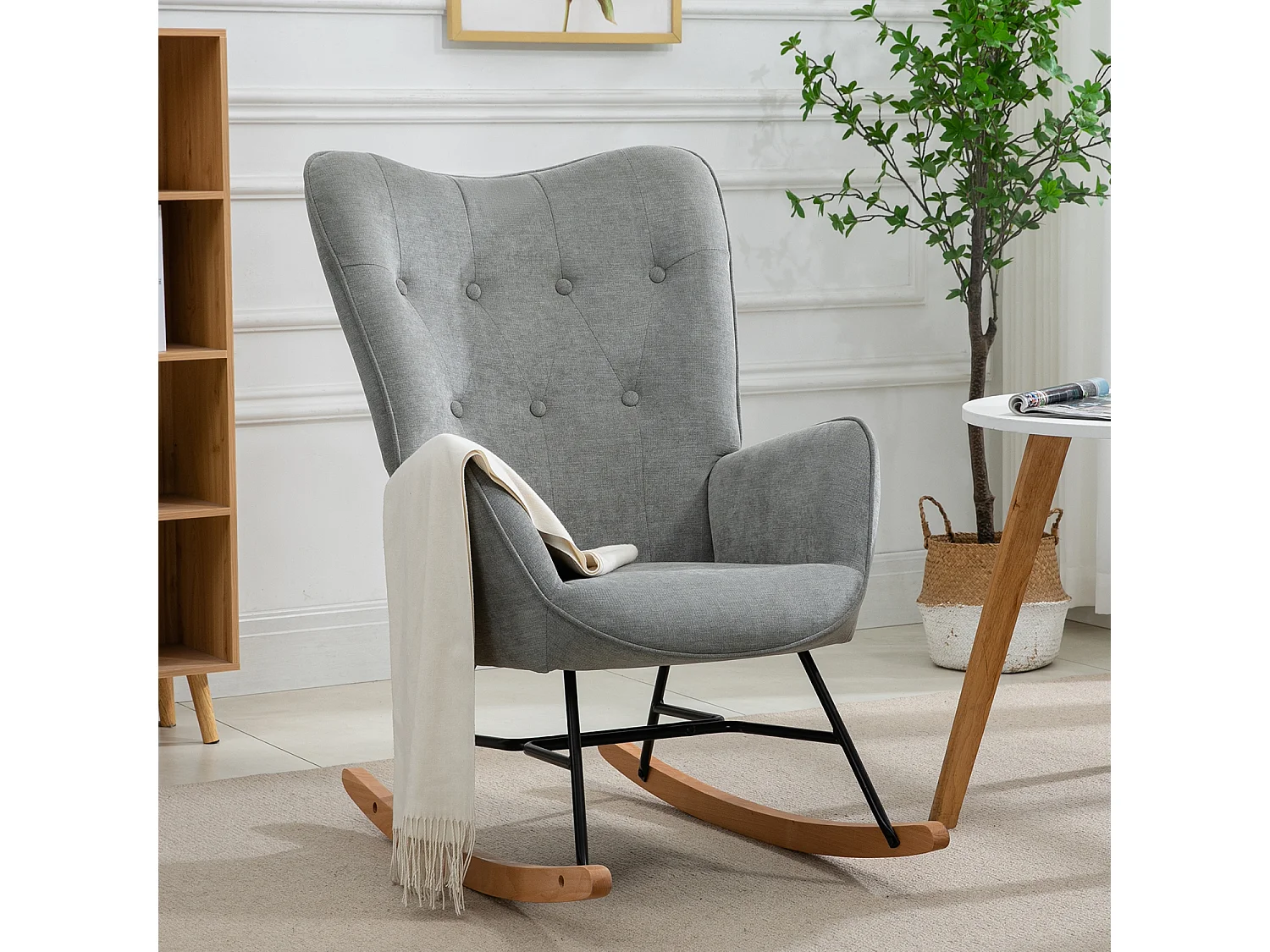 Fauteuil à Bascule Allaitement Scandinave Chaise Loisir et Repos en Tissu avec Pieds en E' Bois Métal pour Salon, Chambre, Massif, Gris Clair