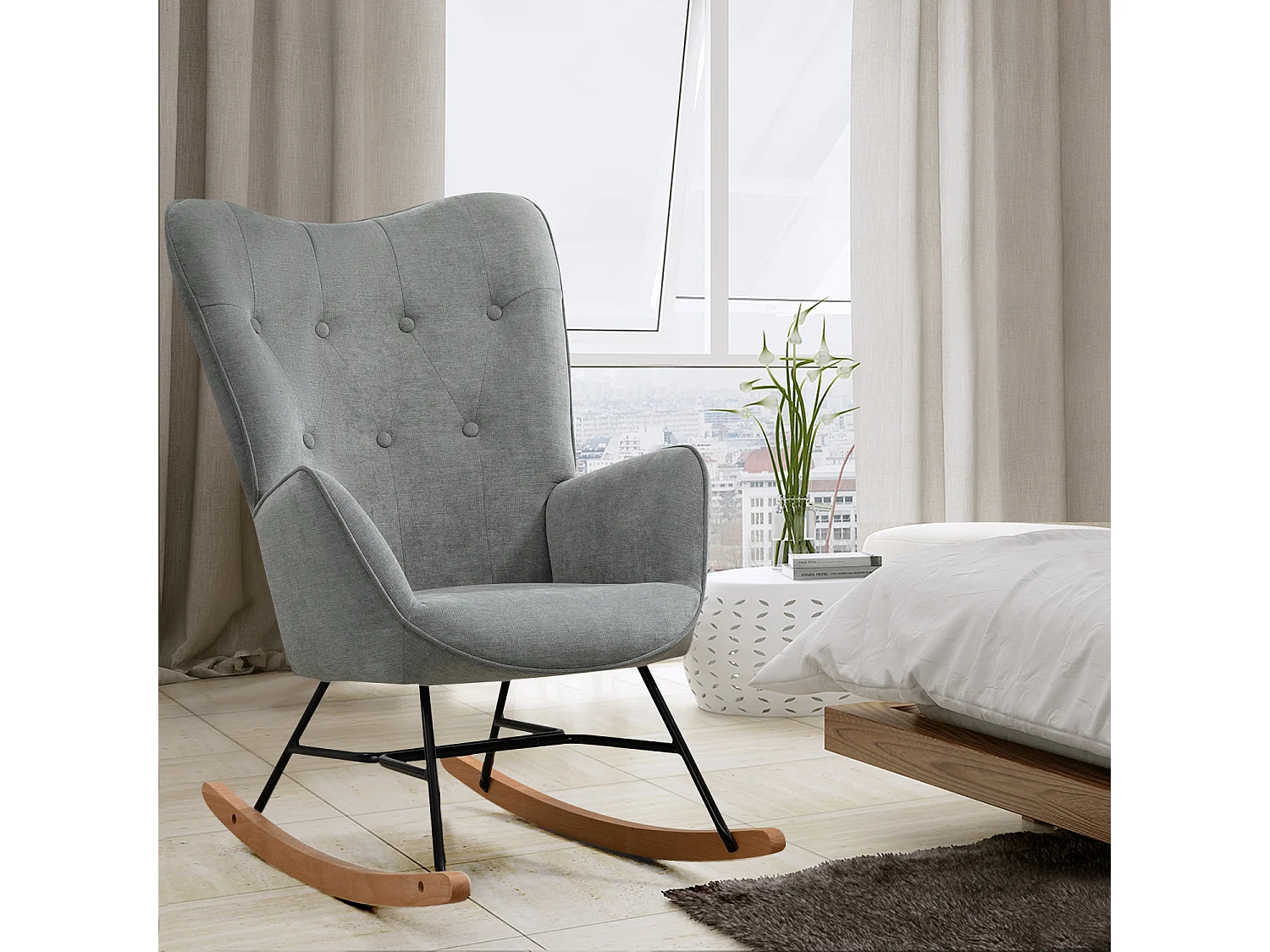 Fauteuil à Bascule Allaitement Scandinave Chaise Loisir et Repos en Tissu avec Pieds en E' Bois Métal pour Salon, Chambre, Massif, Gris Clair