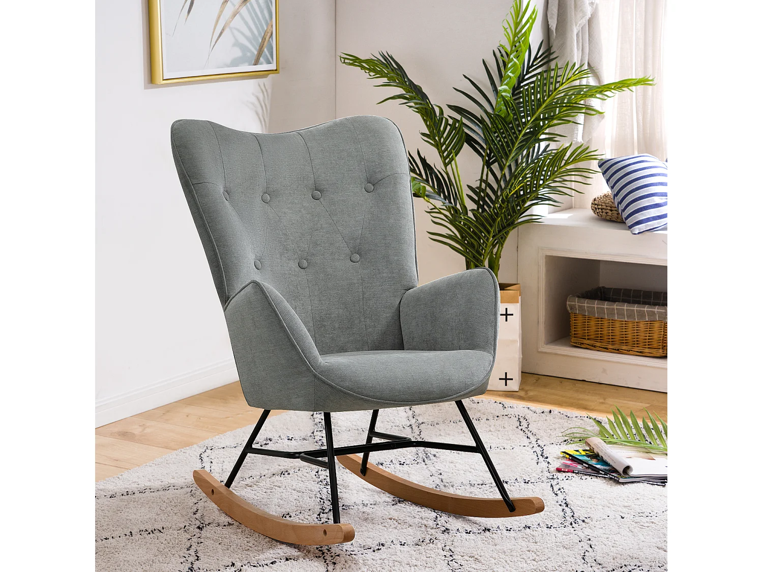 Fauteuil à Bascule Allaitement Scandinave Chaise Loisir et Repos en Tissu avec Pieds en E' Bois Métal pour Salon, Chambre, Massif, Gris Clair
