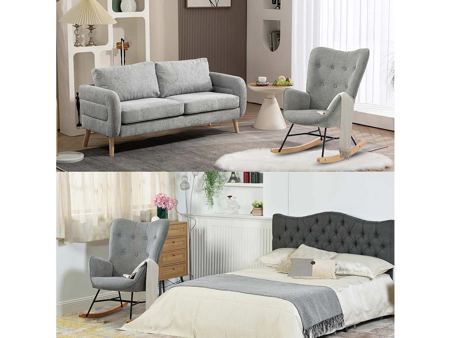 Fauteuil à Bascule Allaitement Scandinave Chaise Loisir et Repos en Tissu avec Pieds en E' Bois Métal pour Salon, Chambre, Massif, Gris Clair