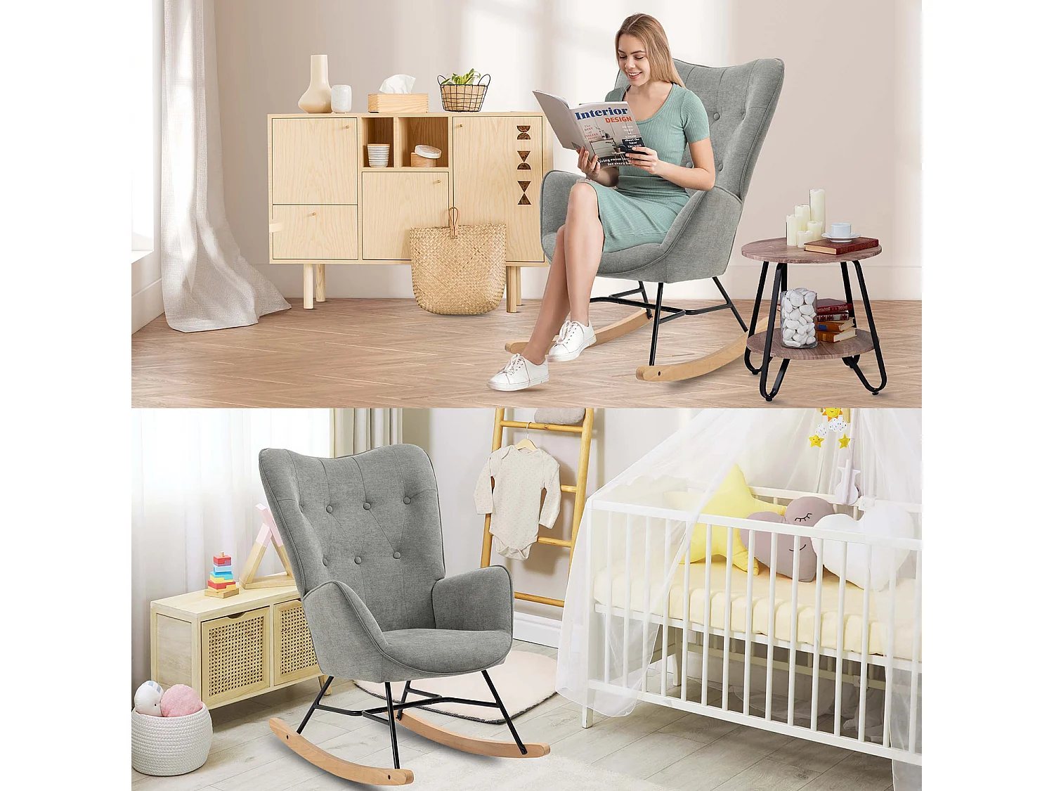 Fauteuil à Bascule Allaitement Scandinave Chaise Loisir et Repos en Tissu avec Pieds en E' Bois Métal pour Salon, Chambre, Massif, Gris Clair