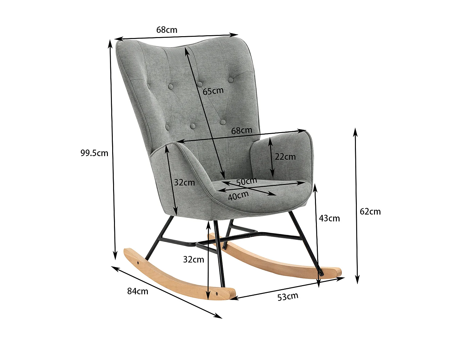 Fauteuil à Bascule Allaitement Scandinave Chaise Loisir et Repos en Tissu avec Pieds en E' Bois Métal pour Salon, Chambre, Massif, Gris Clair
