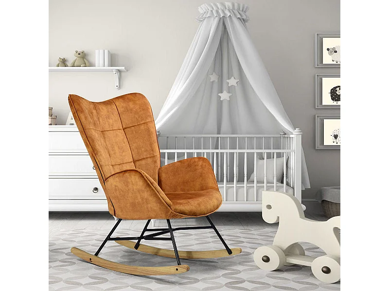 Fauteuil à Bascule Chaise Loisir et Repos Tissus Marron pour Le Salon Salle à Manger Pieds E' Bois Métal, 69 x 84 x 97 cm KELAN MUSTARD