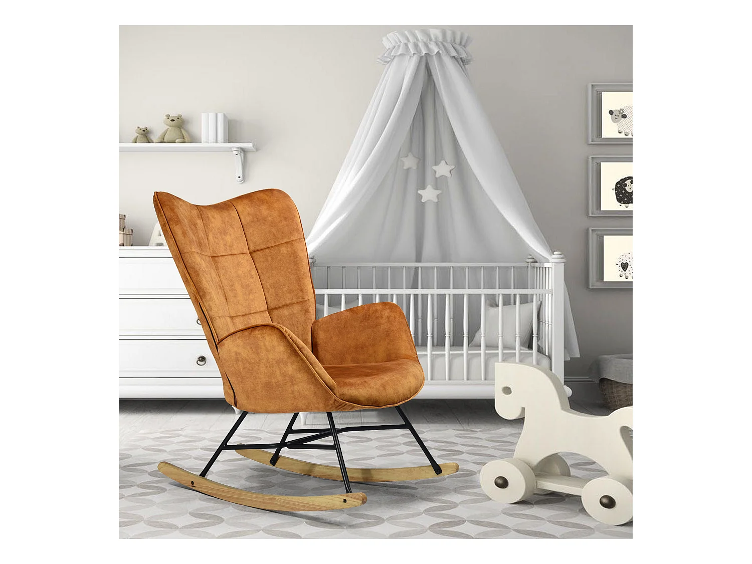 Fauteuil à Bascule Chaise Loisir et Repos Tissus Marron pour Le Salon Salle à Manger Pieds E' Bois Métal, 69 x 84 x 97 cm KELAN MUSTARD