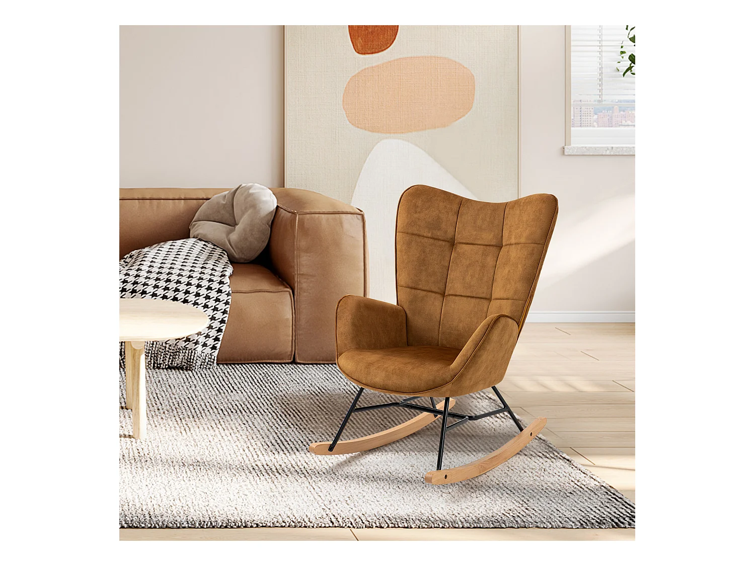 Fauteuil à Bascule Chaise Loisir et Repos Tissus Marron pour Le Salon Salle à Manger Pieds E' Bois Métal, 69 x 84 x 97 cm KELAN MUSTARD