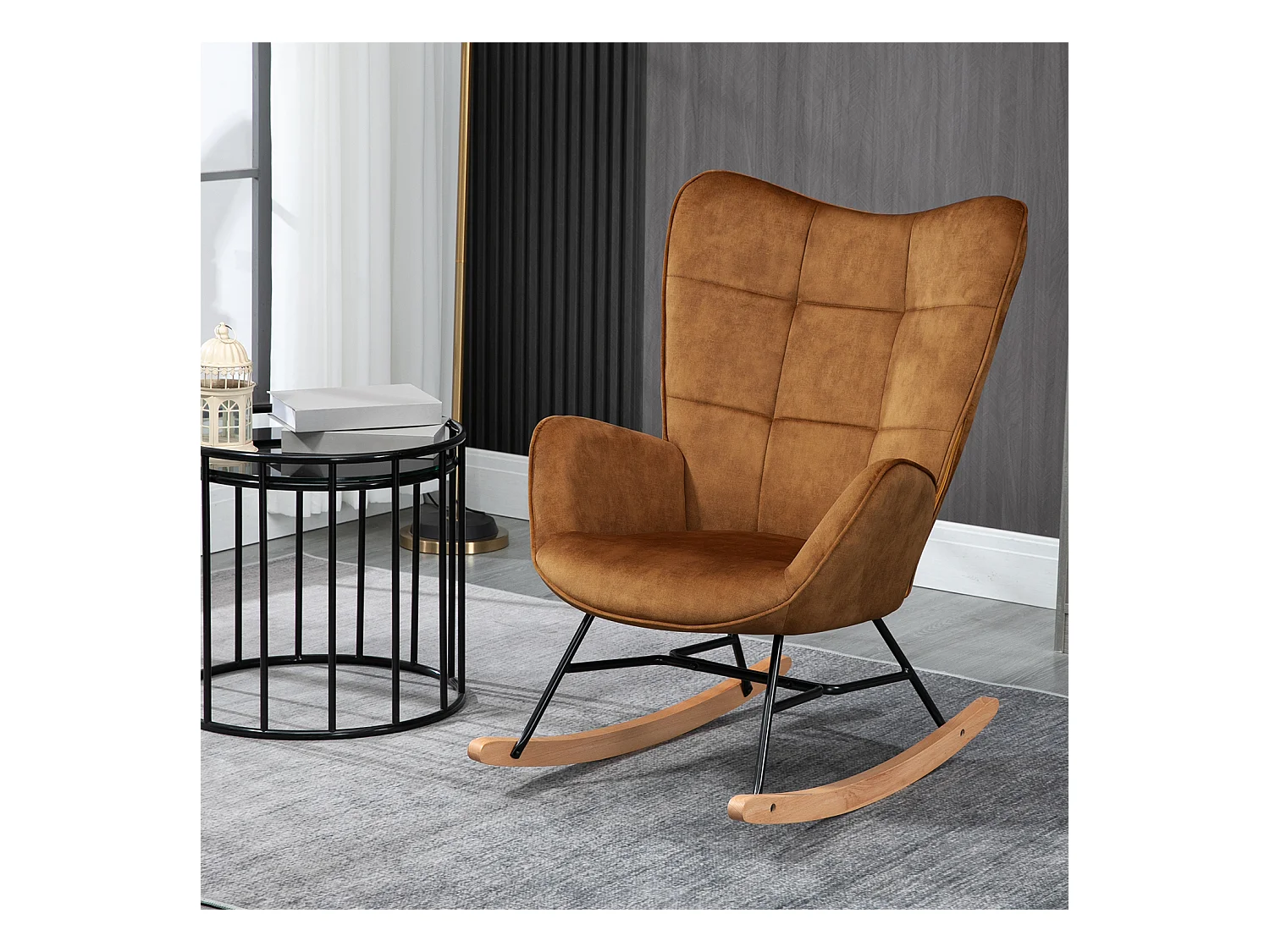 Fauteuil à Bascule Chaise Loisir et Repos Tissus Marron pour Le Salon Salle à Manger Pieds E' Bois Métal, 69 x 84 x 97 cm KELAN MUSTARD