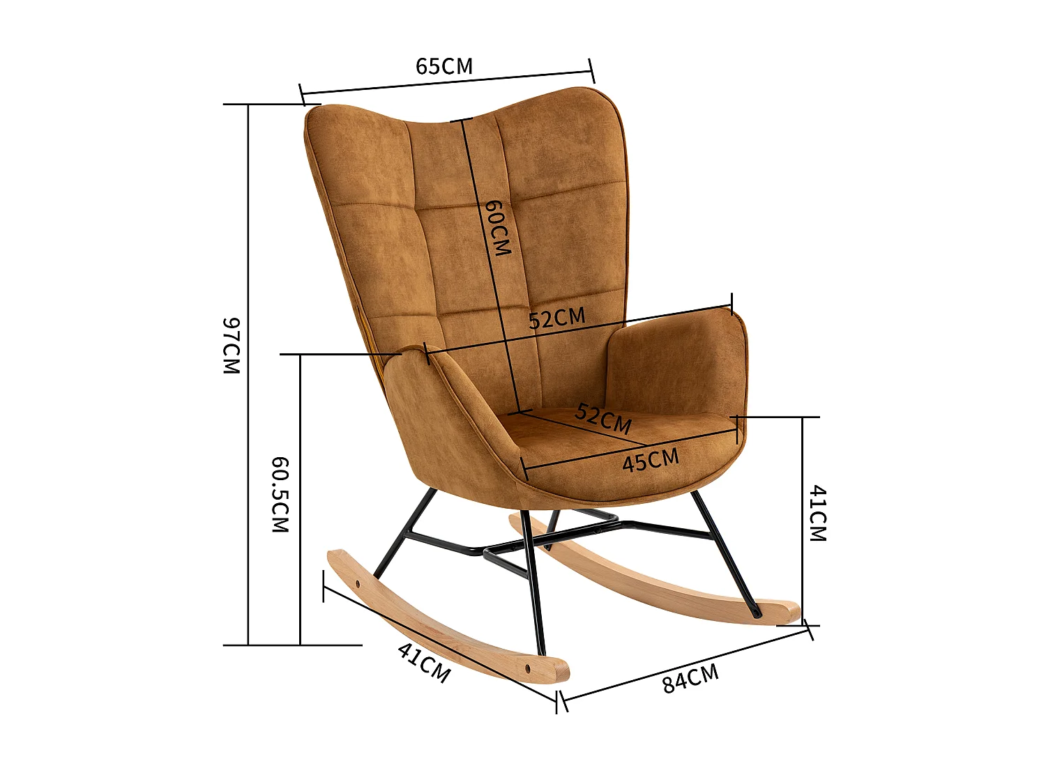 Fauteuil à Bascule Chaise Loisir et Repos Tissus Marron pour Le Salon Salle à Manger Pieds E' Bois Métal, 69 x 84 x 97 cm KELAN MUSTARD