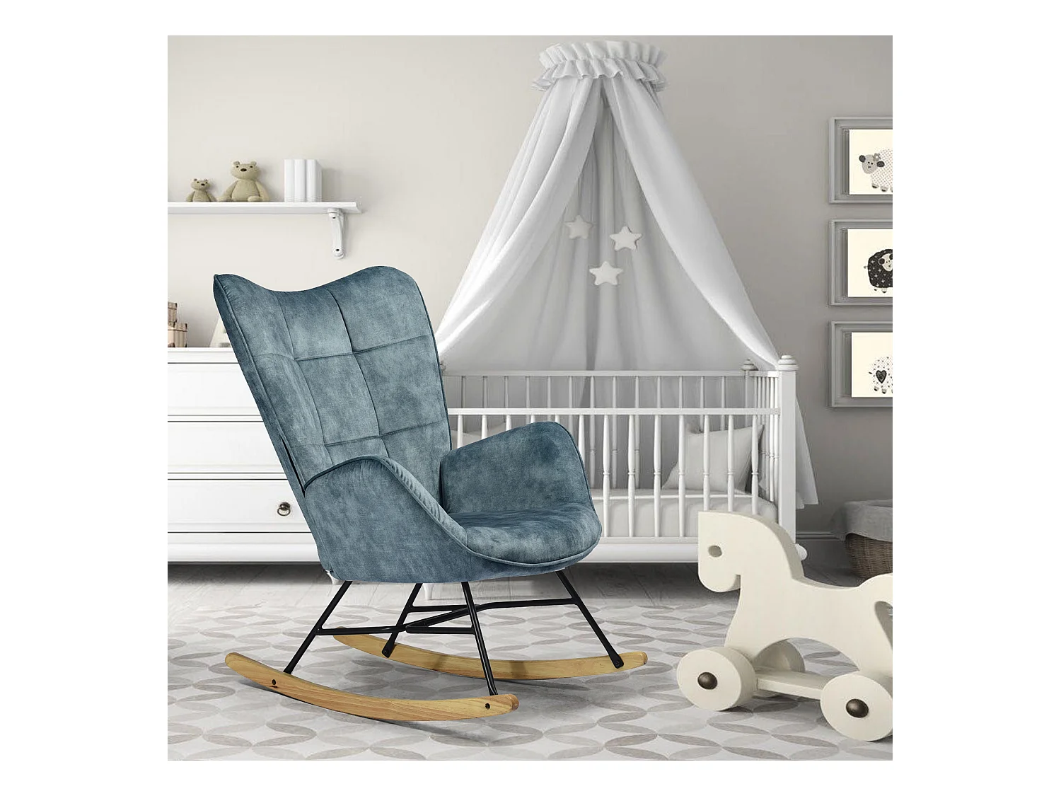 Fauteuil à Bascule Chaise Loisir et Repos Tissus Bleu pour Le Salon Salle à Manger Pieds E' Bois Métal, 69 x 84 x 97 cm KELAN BLUE