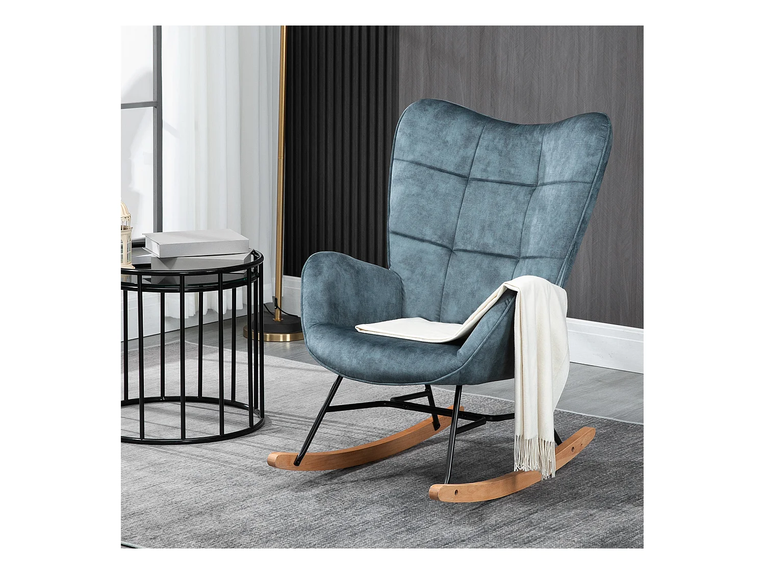 Fauteuil à Bascule Chaise Loisir et Repos Tissus Bleu pour Le Salon Salle à Manger Pieds E' Bois Métal, 69 x 84 x 97 cm KELAN BLUE