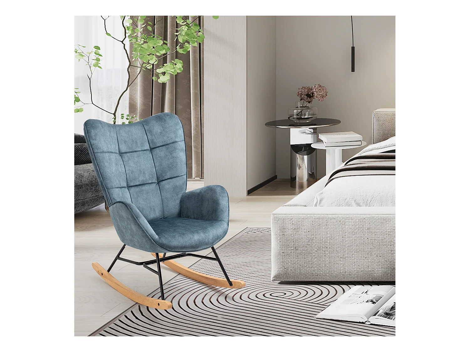 Fauteuil à Bascule Chaise Loisir et Repos Tissus Bleu pour Le Salon Salle à Manger Pieds E' Bois Métal, 69 x 84 x 97 cm KELAN BLUE