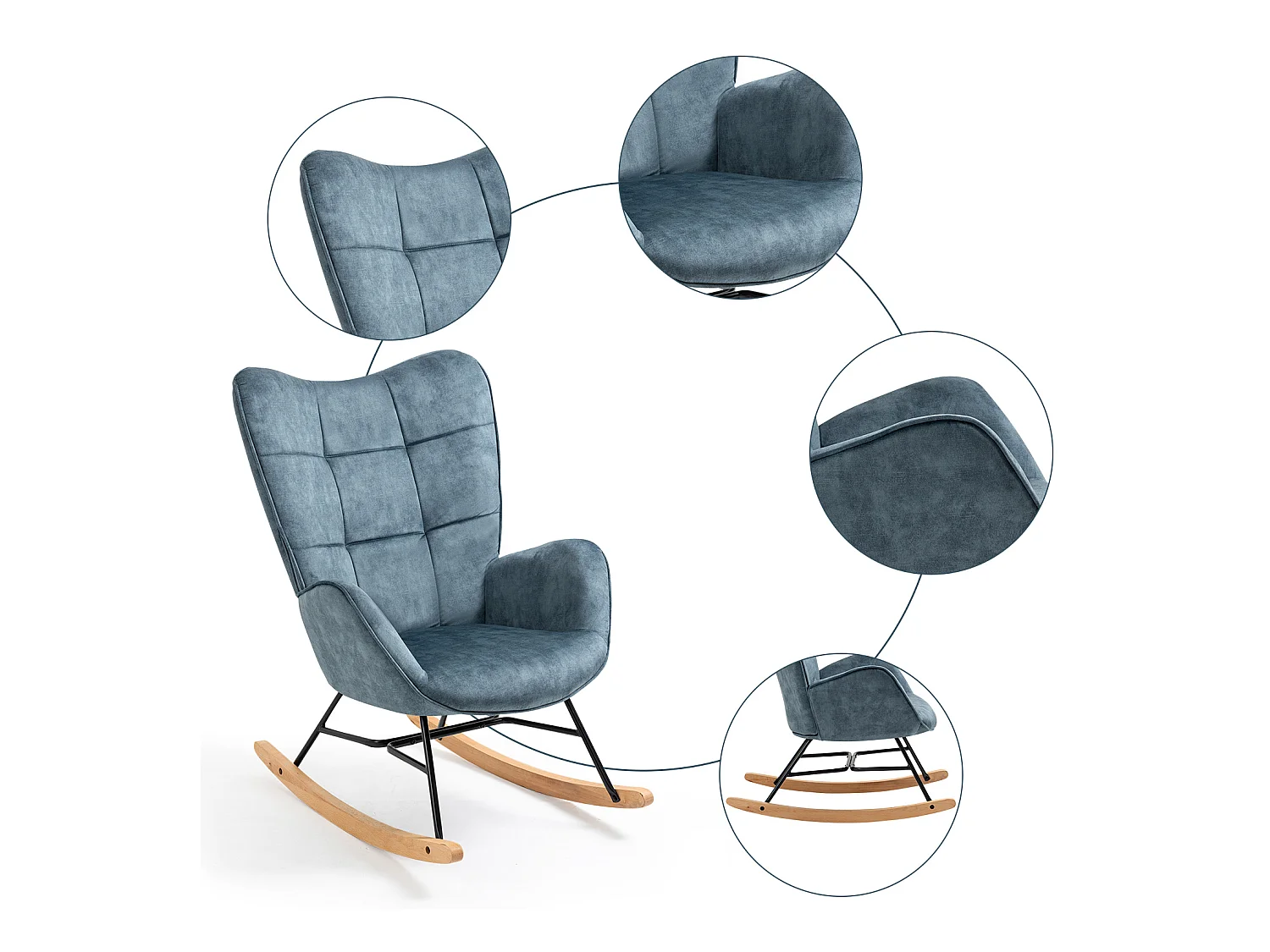 Fauteuil à Bascule Chaise Loisir et Repos Tissus Bleu pour Le Salon Salle à Manger Pieds E' Bois Métal, 69 x 84 x 97 cm KELAN BLUE