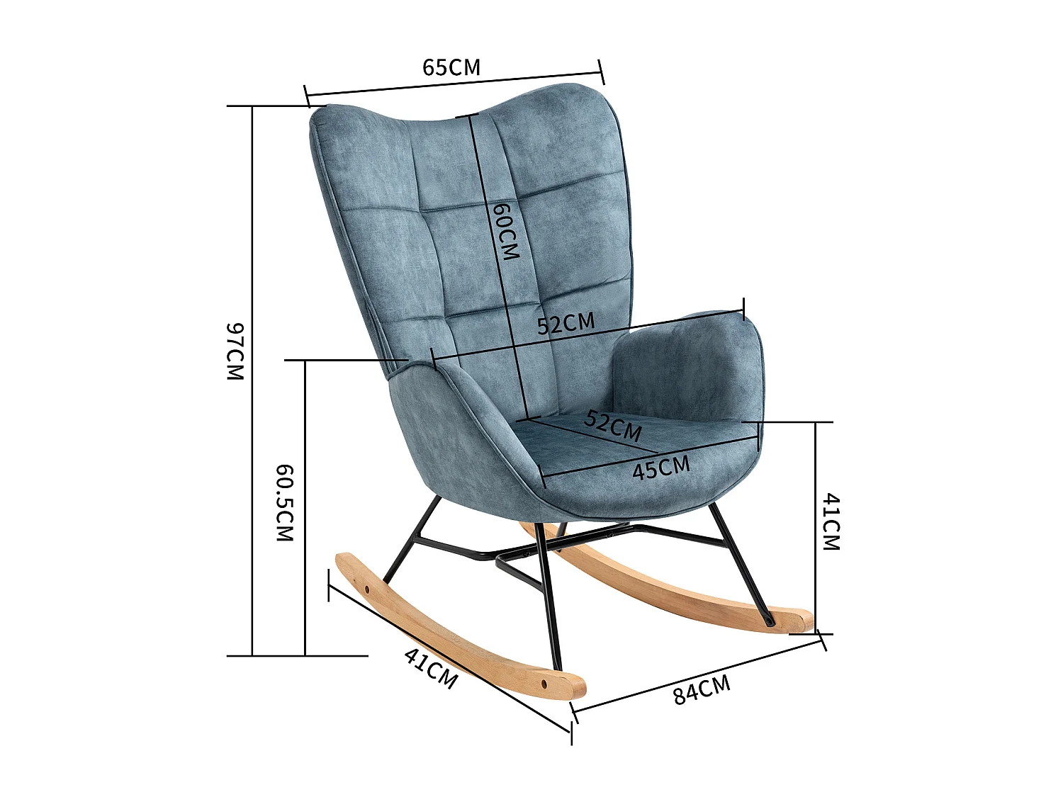 Fauteuil à Bascule Chaise Loisir et Repos Tissus Bleu pour Le Salon Salle à Manger Pieds E' Bois Métal, 69 x 84 x 97 cm KELAN BLUE