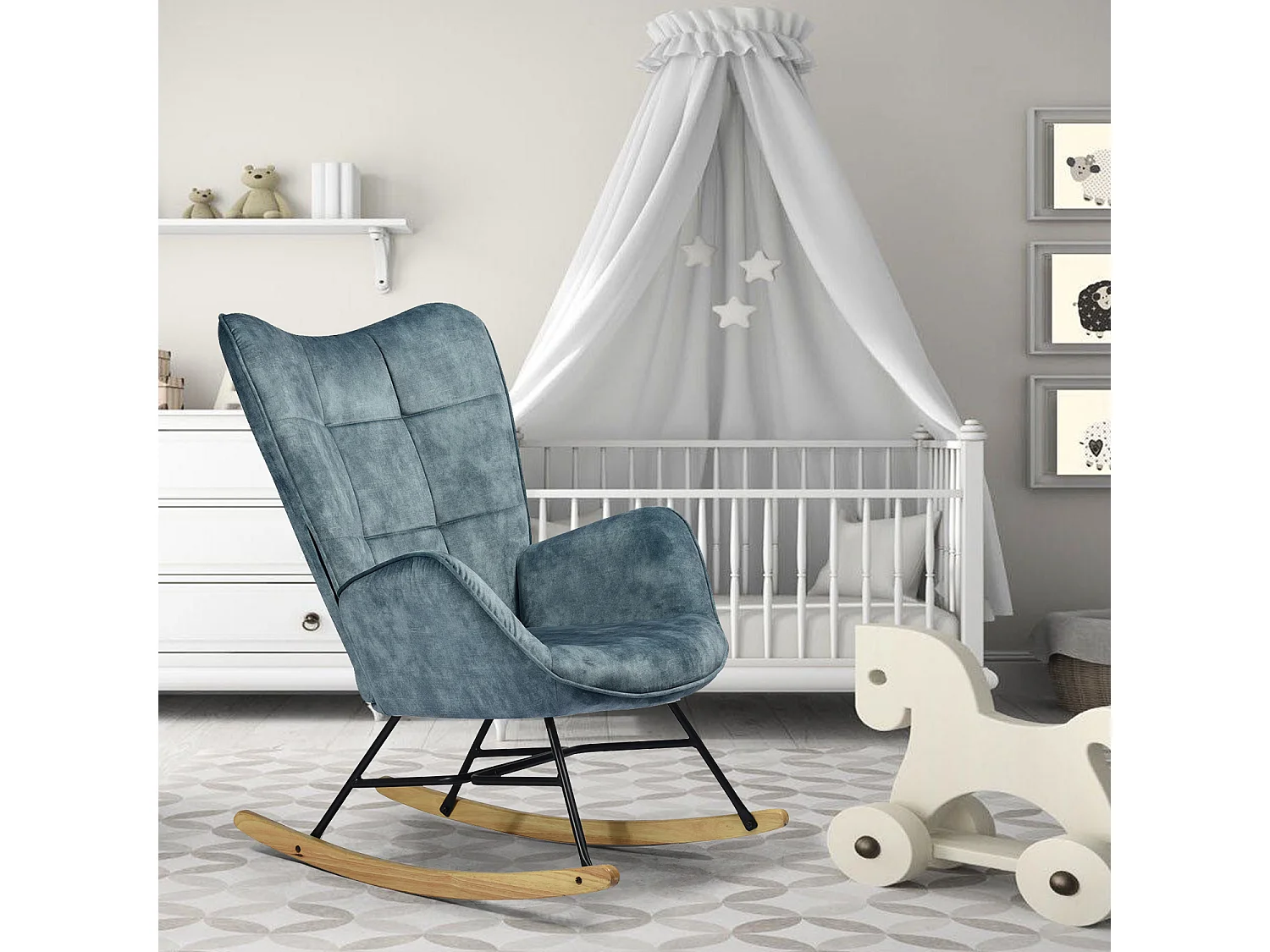 Fauteuil à Bascule Chaise Loisir et Repos Tissus Bleu pour Le Salon Salle à Manger Pieds E' Bois Métal, 69 x 84 x 97 cm KELAN BLUE