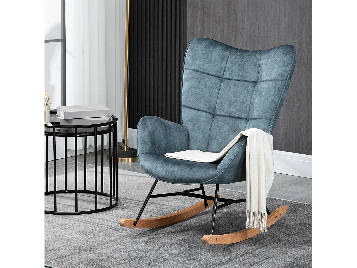 Fauteuil à Bascule Chaise Loisir et Repos Tissus Bleu pour Le Salon Salle à Manger Pieds E' Bois Métal, 69 x 84 x 97 cm KELAN BLUE