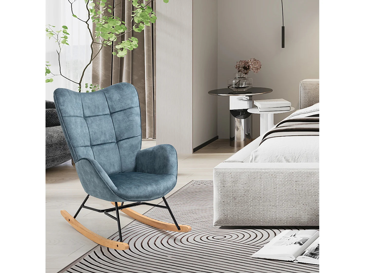 Fauteuil à Bascule Chaise Loisir et Repos Tissus Bleu pour Le Salon Salle à Manger Pieds E' Bois Métal, 69 x 84 x 97 cm KELAN BLUE