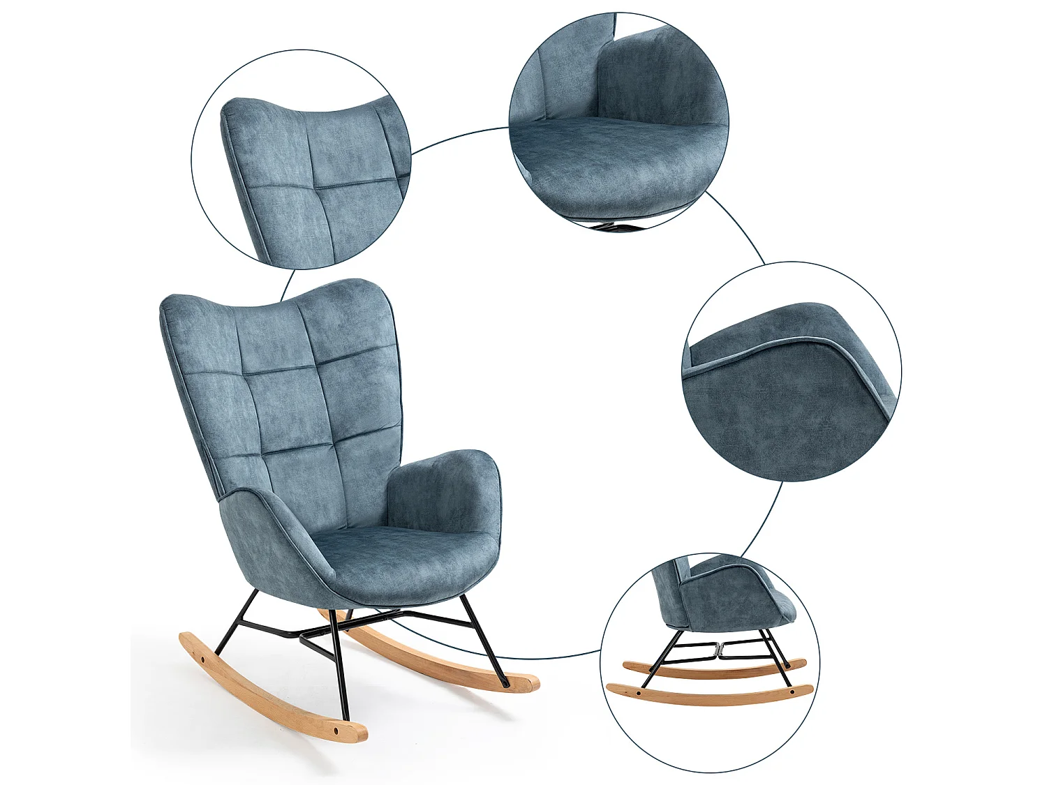 Fauteuil à Bascule Chaise Loisir et Repos Tissus Bleu pour Le Salon Salle à Manger Pieds E' Bois Métal, 69 x 84 x 97 cm KELAN BLUE