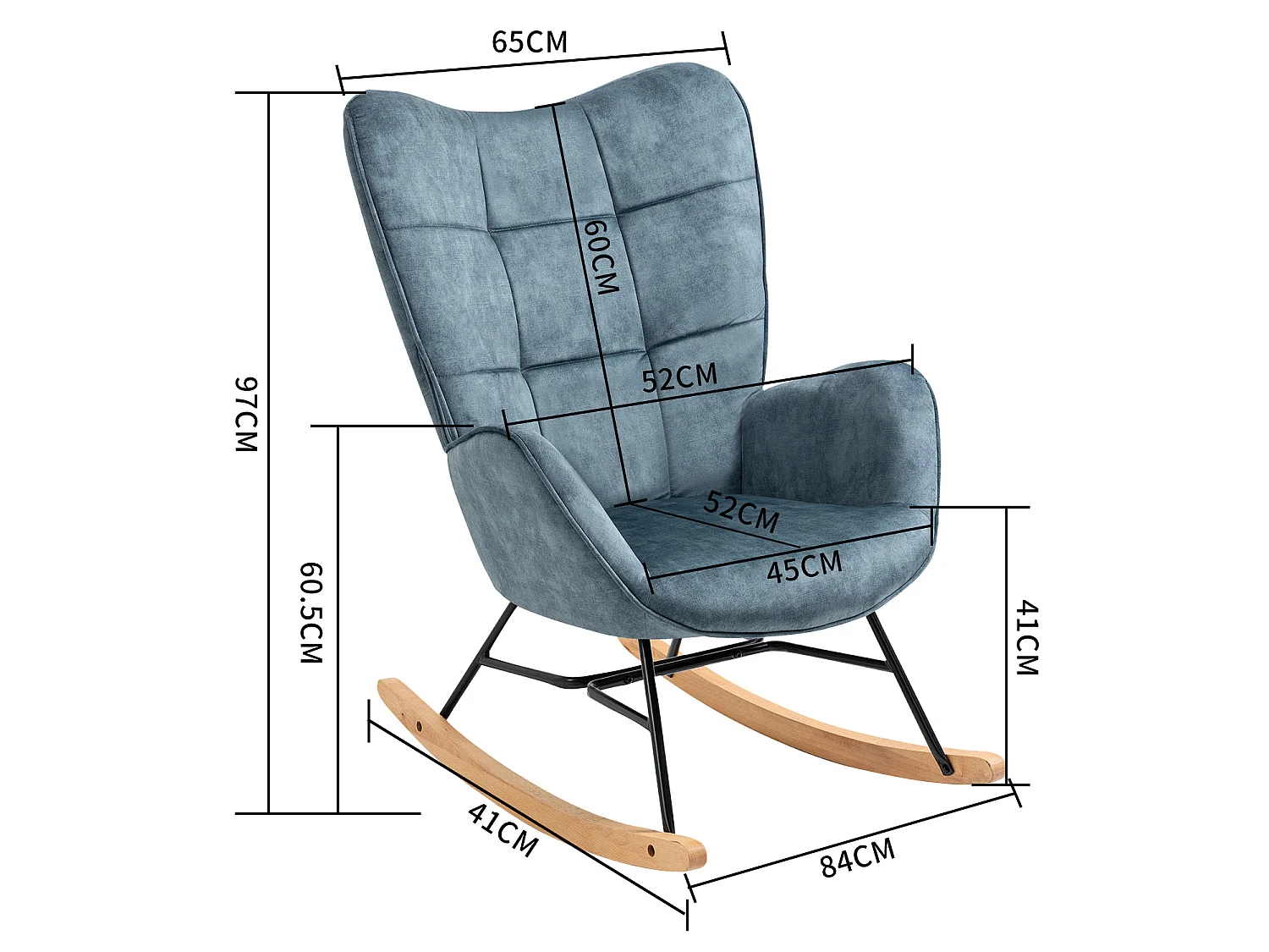 Fauteuil à Bascule Chaise Loisir et Repos Tissus Bleu pour Le Salon Salle à Manger Pieds E' Bois Métal, 69 x 84 x 97 cm KELAN BLUE