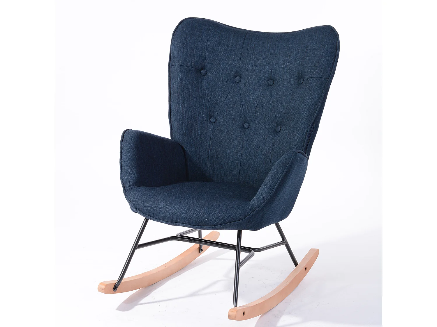Fauteuil à bascule style Rocking chair - Style Scandinave - Tissu bleu marine - Pieds en véritable bois de hêtre , Bleu Tissu /Bleu foncé Tissu