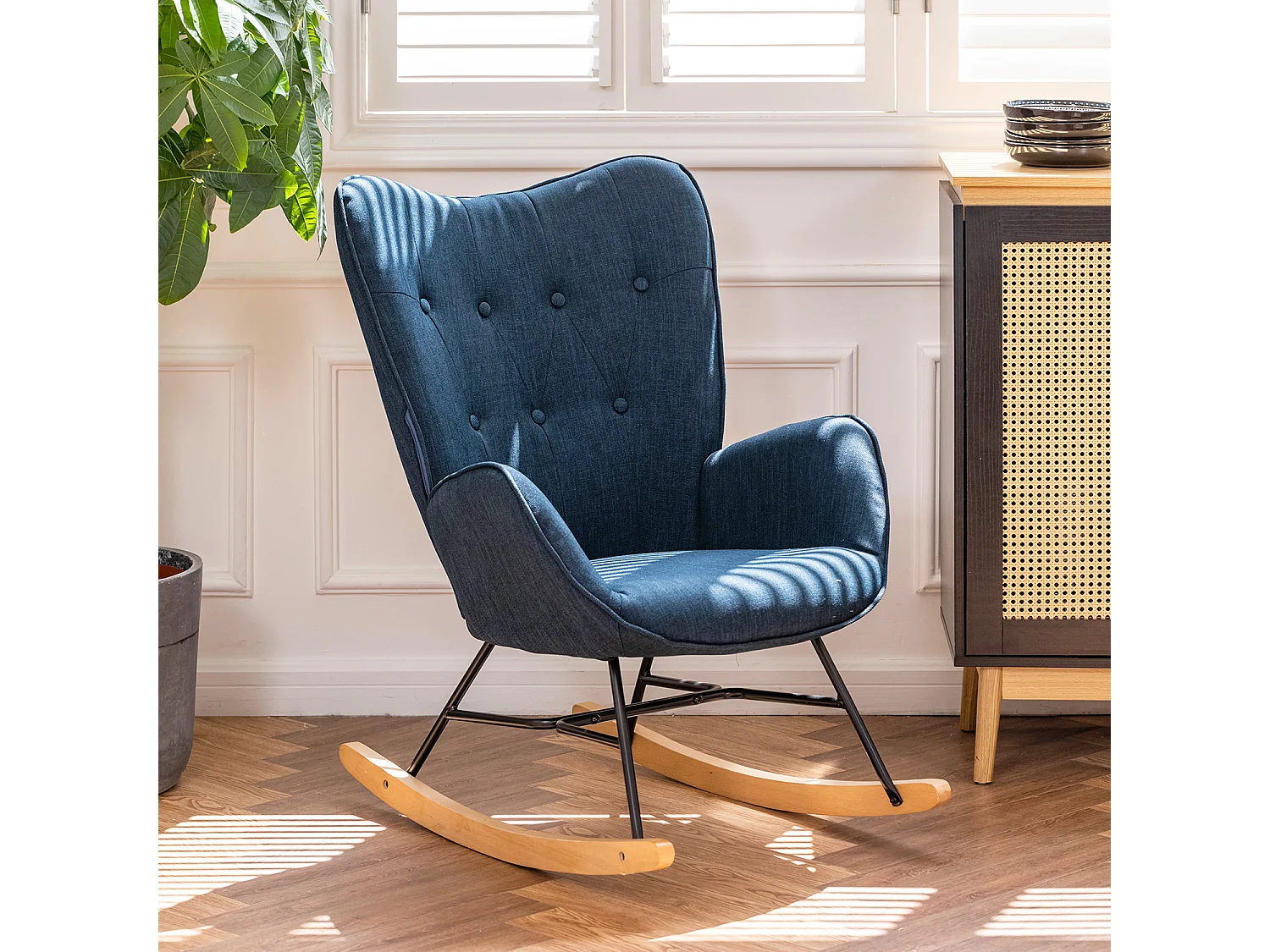 Fauteuil à bascule style Rocking chair - Style Scandinave - Tissu bleu marine - Pieds en véritable bois de hêtre , Bleu Tissu /Bleu foncé Tissu