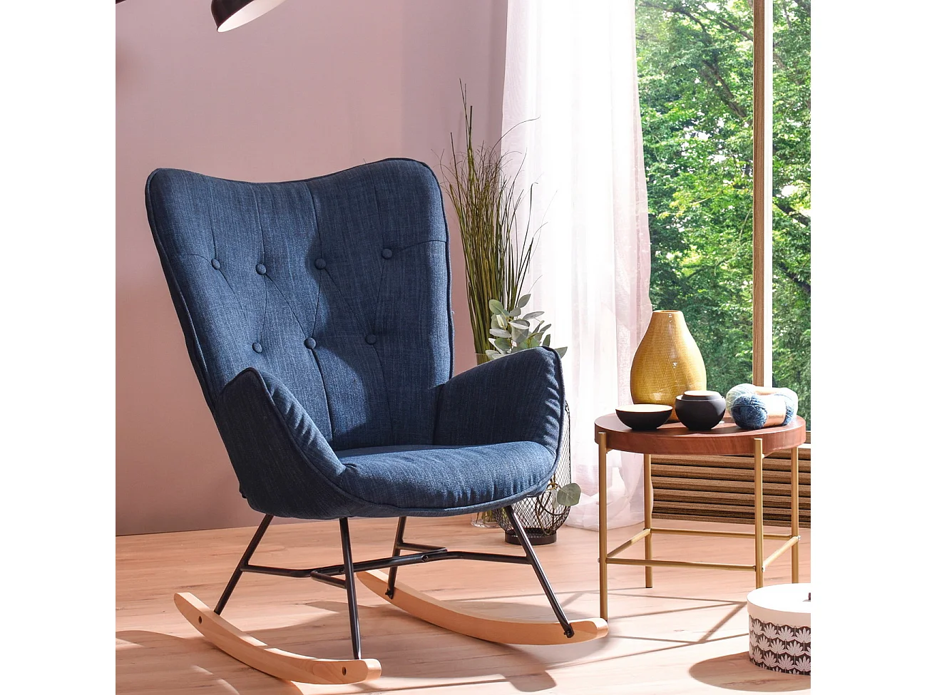 Fauteuil à bascule style Rocking chair - Style Scandinave - Tissu bleu marine - Pieds en véritable bois de hêtre , Bleu Tissu /Bleu foncé Tissu