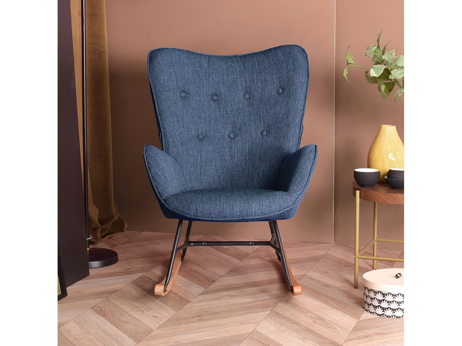 Fauteuil à bascule style Rocking chair - Style Scandinave - Tissu bleu marine - Pieds en véritable bois de hêtre , Bleu Tissu /Bleu foncé Tissu