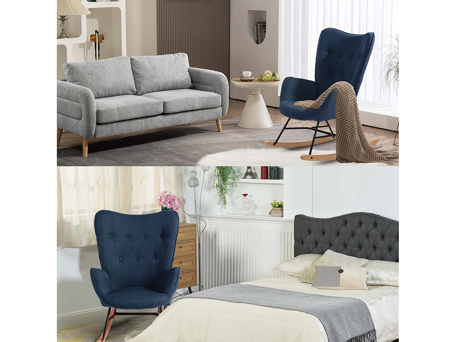 Fauteuil à bascule style Rocking chair - Style Scandinave - Tissu bleu marine - Pieds en véritable bois de hêtre , Bleu Tissu /Bleu foncé Tissu