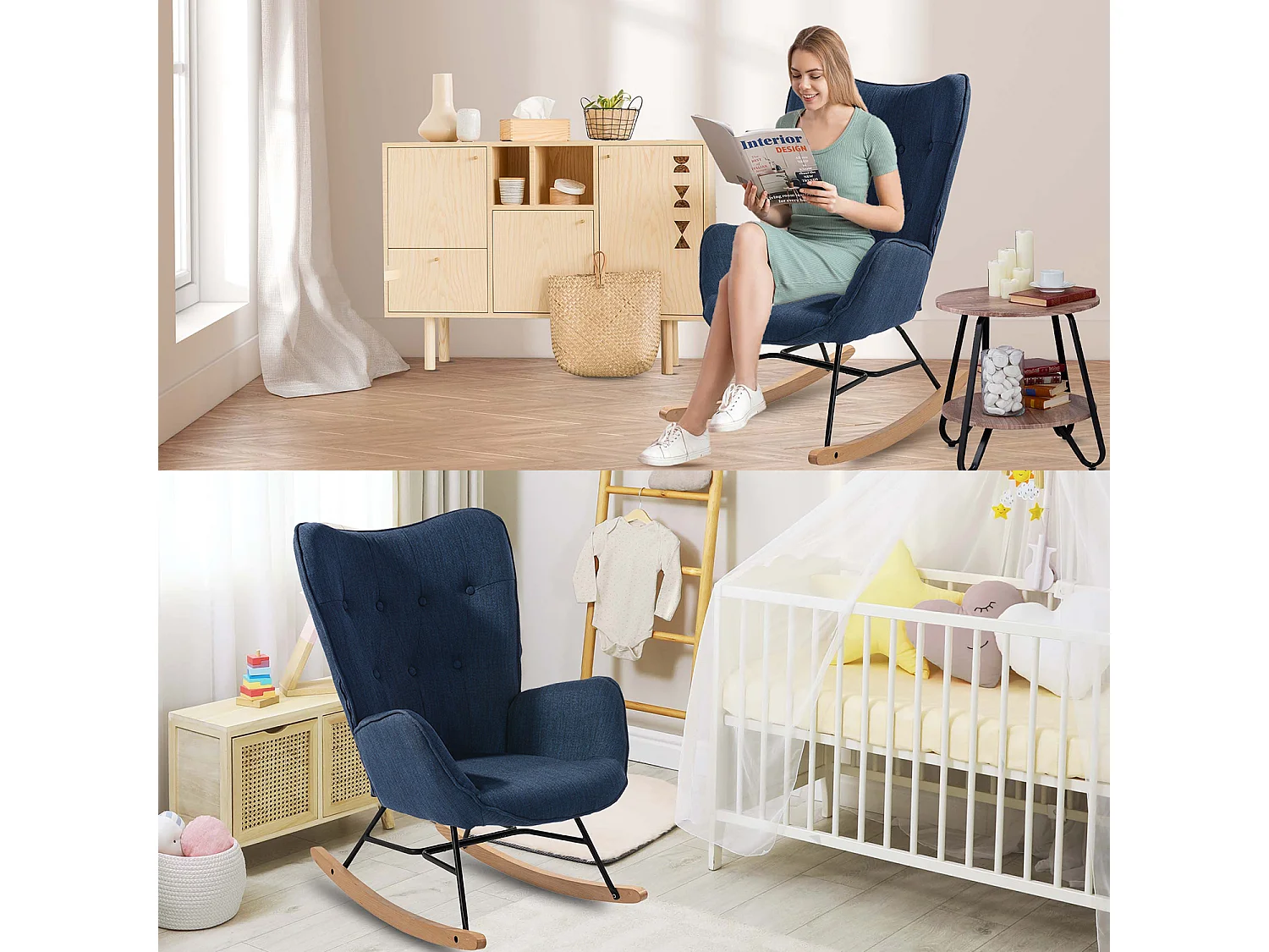 Fauteuil à bascule style Rocking chair - Style Scandinave - Tissu bleu marine - Pieds en véritable bois de hêtre , Bleu Tissu /Bleu foncé Tissu