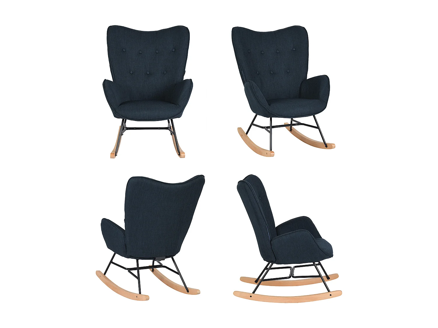 Fauteuil à bascule style Rocking chair - Style Scandinave - Tissu bleu marine - Pieds en véritable bois de hêtre , Bleu Tissu /Bleu foncé Tissu