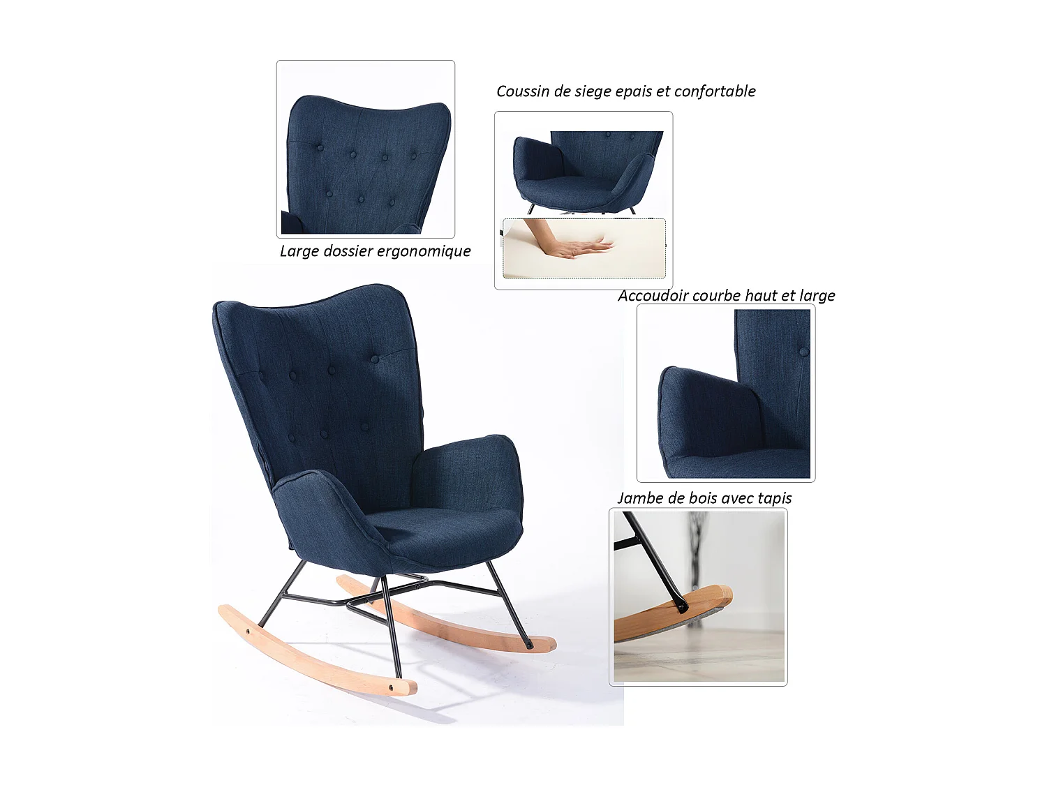 Fauteuil à bascule style Rocking chair - Style Scandinave - Tissu bleu marine - Pieds en véritable bois de hêtre , Bleu Tissu /Bleu foncé Tissu
