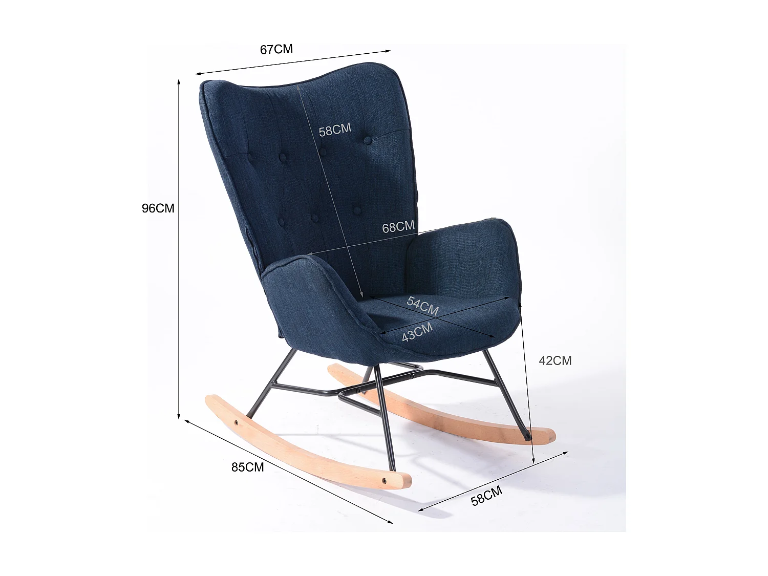 Fauteuil à bascule style Rocking chair - Style Scandinave - Tissu bleu marine - Pieds en véritable bois de hêtre , Bleu Tissu /Bleu foncé Tissu