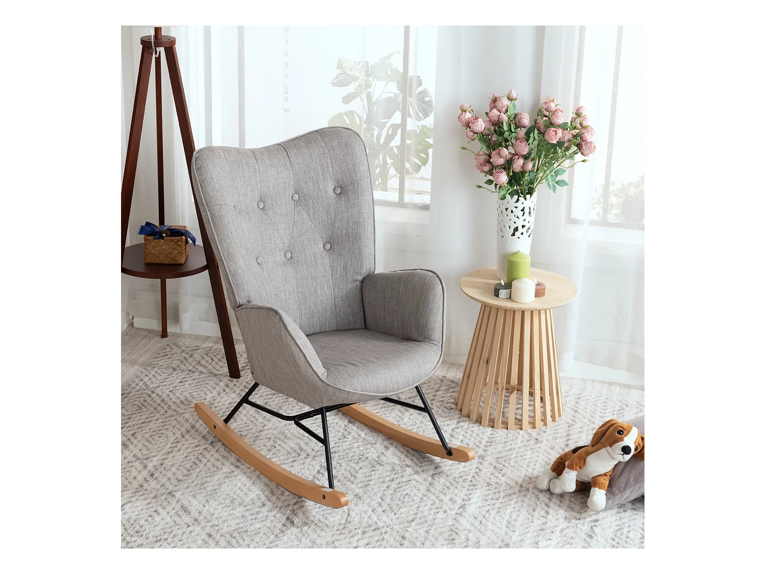 Fauteuil à bascule style Rocking chair - Style Scandinave - Tissu gris clair - Pieds en véritable bois de hêtre - 68x 85x96cm , Gris Tissu