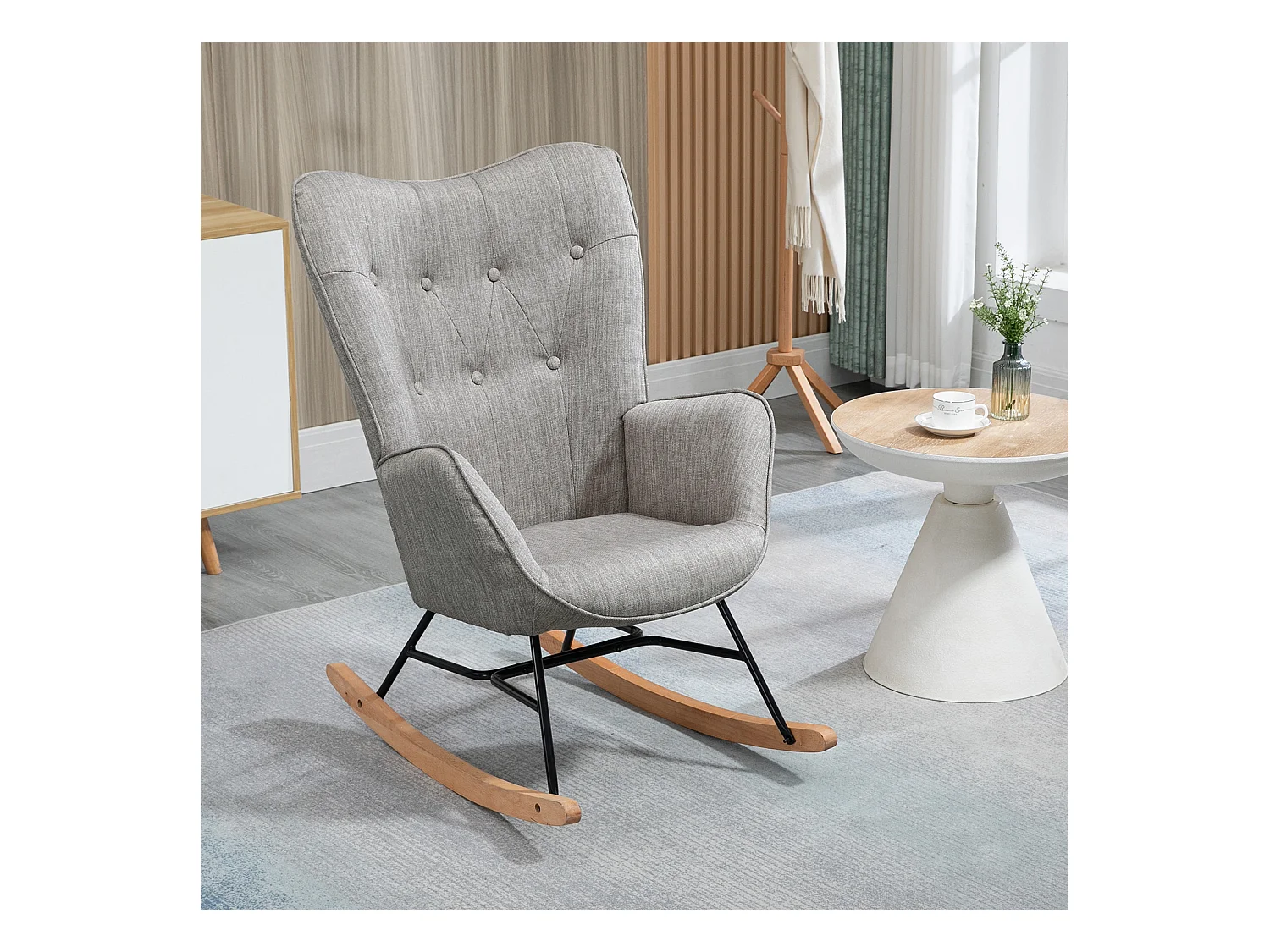 Fauteuil à bascule style Rocking chair - Style Scandinave - Tissu gris clair - Pieds en véritable bois de hêtre - 68x 85x96cm , Gris Tissu