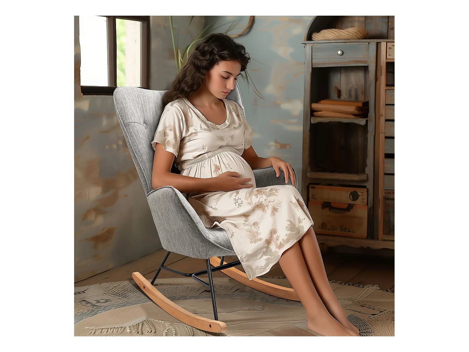 Fauteuil à bascule style Rocking chair - Style Scandinave - Tissu gris clair - Pieds en véritable bois de hêtre - 68x 85x96cm , Gris Tissu