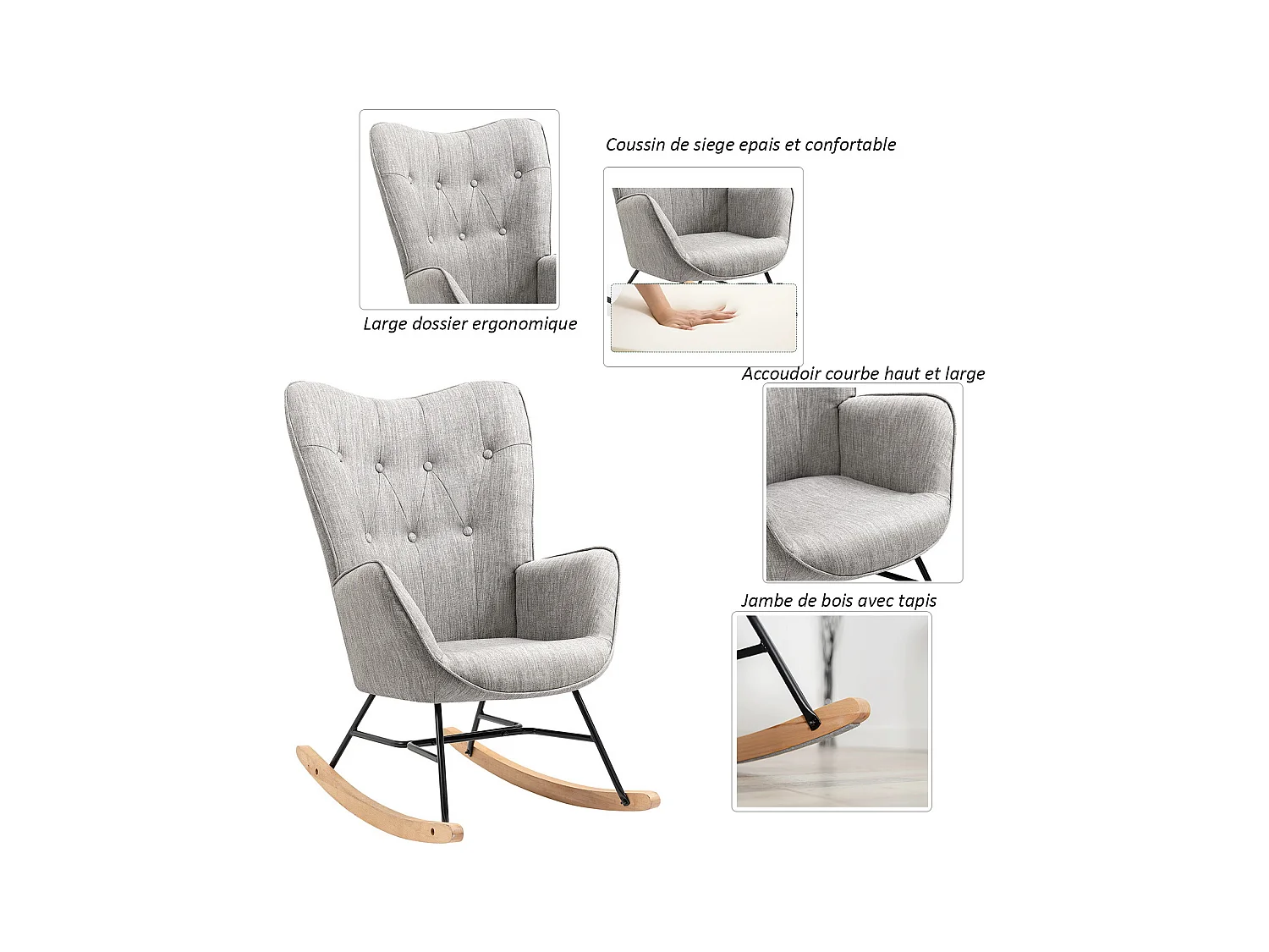 Fauteuil à bascule style Rocking chair - Style Scandinave - Tissu gris clair - Pieds en véritable bois de hêtre - 68x 85x96cm , Gris Tissu