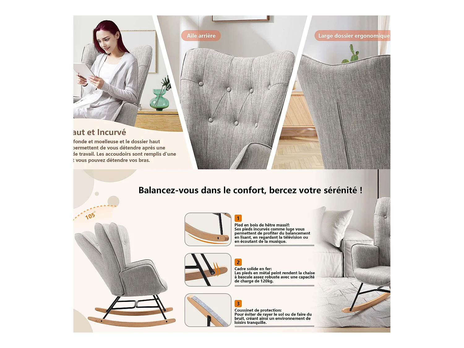 Fauteuil à bascule style Rocking chair - Style Scandinave - Tissu gris clair - Pieds en véritable bois de hêtre - 68x 85x96cm , Gris Tissu